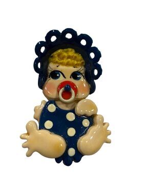 Vintage Baby Brooch Pin – Pacifier, Blue Bonnet & Polka Dot Romper – Figural 2″